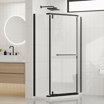 Goodyo Neo-Angle Frameless Shower Door 36 in. D x 36 in. W x 72 in. H Corner Shower Enclosure with Clear Tempered Glass Pivot Door Matte Black
