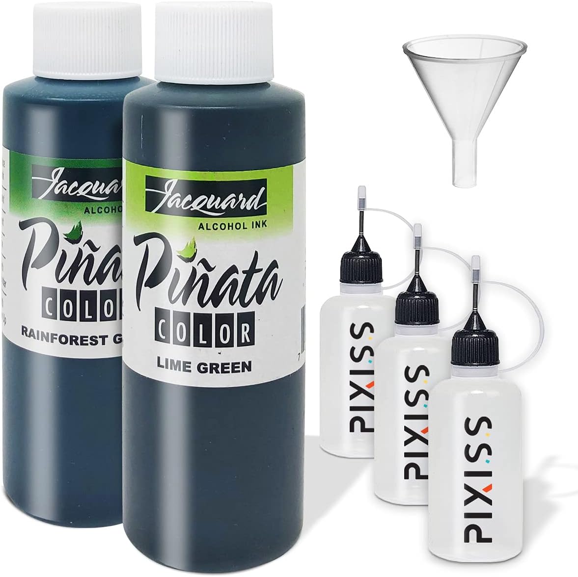 Jacquard Pinata Metals Bundle - Silver and Rich Gold Colors (4-Ounce Bottles), 3 Pixiss 20ml Needle Tip Applicator and Refill Bottles and 1.5 inch Funnel Bundle for Yupo and Resin