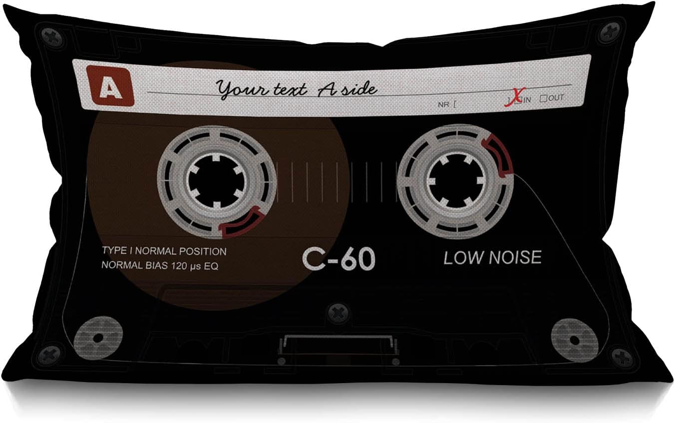 Retro Audio Cassette Cushion Cover Music Record Player Low Noise 80s Plastic Tape Waist Lumbar Cotton Linen Throw Pillow case Throw Pillow for Sofa Home Decorative Oblong 12x20 Inches 30 x 50 cm