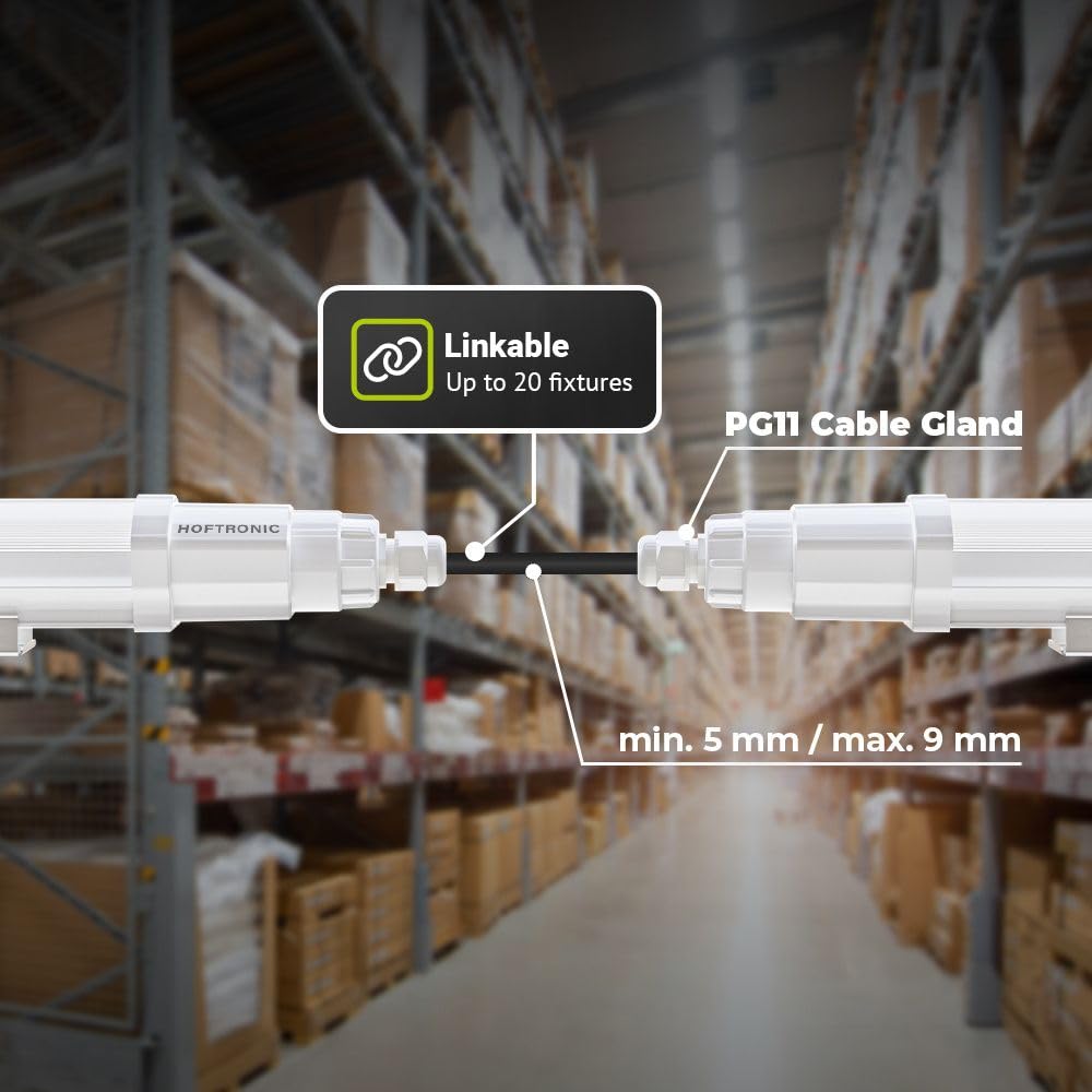 HOFTRONIC - Lot de 2 Q-Series - Réglette LED 120cm - IP65 étanche - 36W 4320 Lumen - 6500K Blanc Froid - IK08 - Connectable rapide - Pour Sous-sol, Garage, et l'entrepôt - Lampe Fluorescente