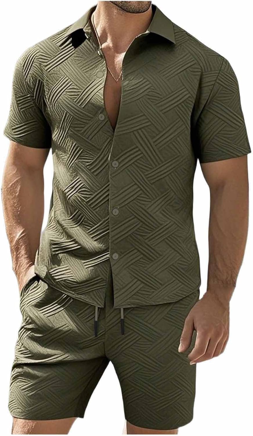 Men 2 Piece Casual Outfit Summer Short Sleeve Button Up Shirt Loose Beach Shorts Sets Geometric Texture Vacation Outfits