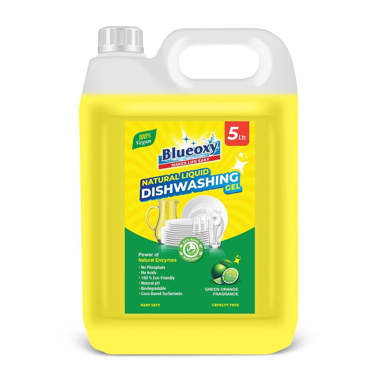 Blueoxy Natural Dishwash Liquid Gel | Coco Surfactant Base | Natural pH |100% Plant Base | Baby Safe | Vegan | 5 X Cleaning Power | Utensil cleaner liquid 5 LTR’s-image-34