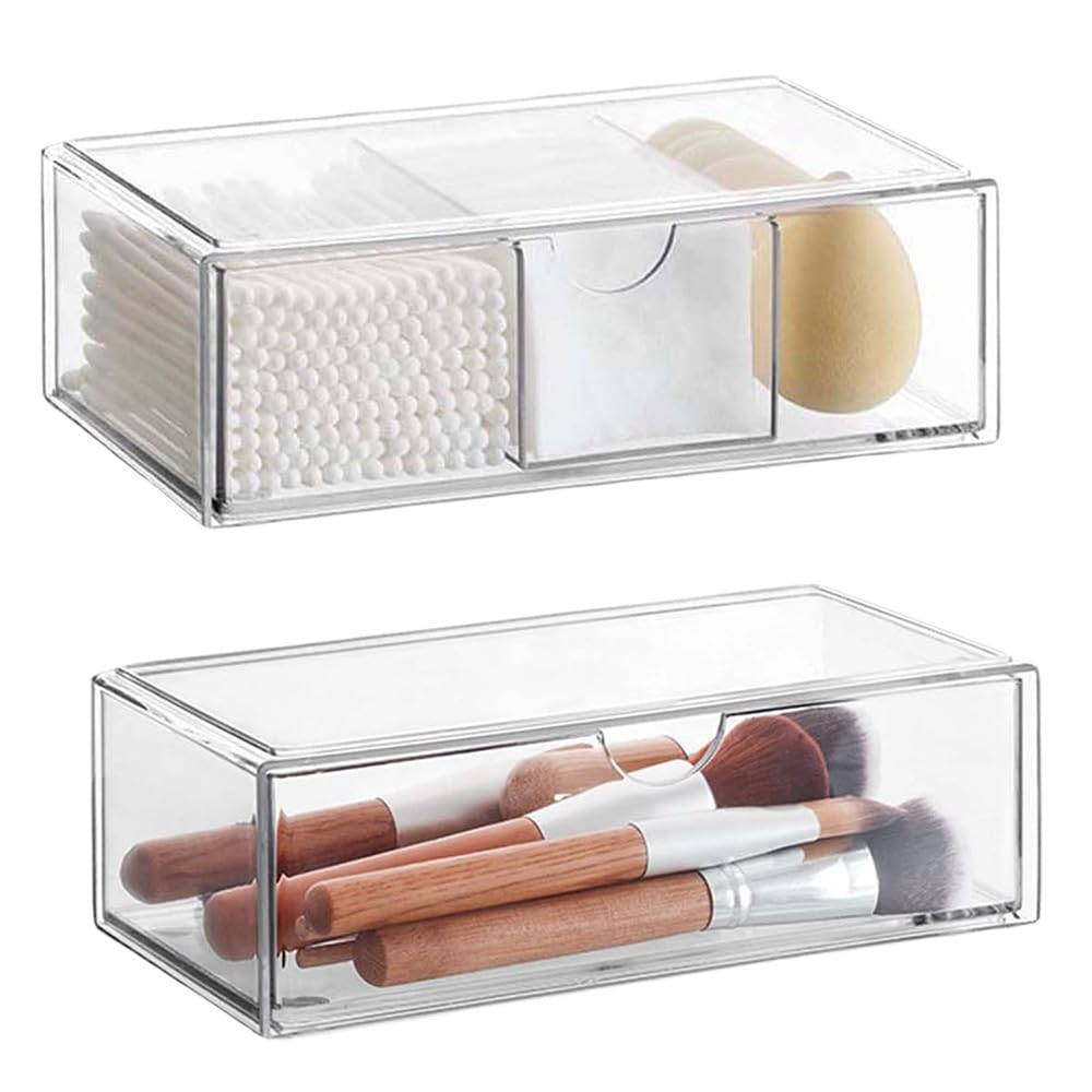 Exquilnova 2PCS Makeup Organiser,Transparent Acrylic Makeup Storage,Cosmetics Organiser with Drawer for Bathroom Storage,Stackable Drawers for Kitchen,Office,Cabinet,Desk,Dresser(2)