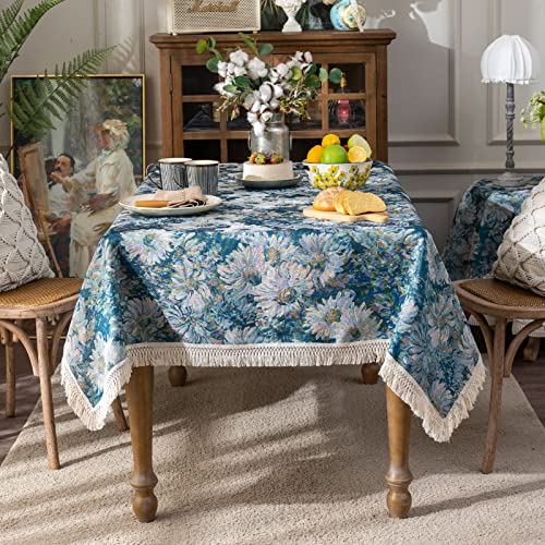 Sutavia Cotton Blue Floral Tablecloths Elegant Monet French Style Hand-Made Chic Fabric With Lace Multi-Purpose Farmhouse Tabletop Sofa Cover Beach Sheet For Spring Summer Picnic Holiday Home Party #TOP5