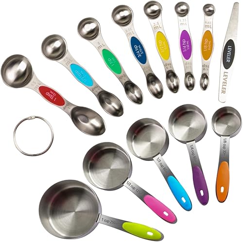 EDELIN Juego de tazas medidoras y cucharas medidoras magnéticas, acero inoxidable, 5 tazas y 7 cucharas (multicolor)