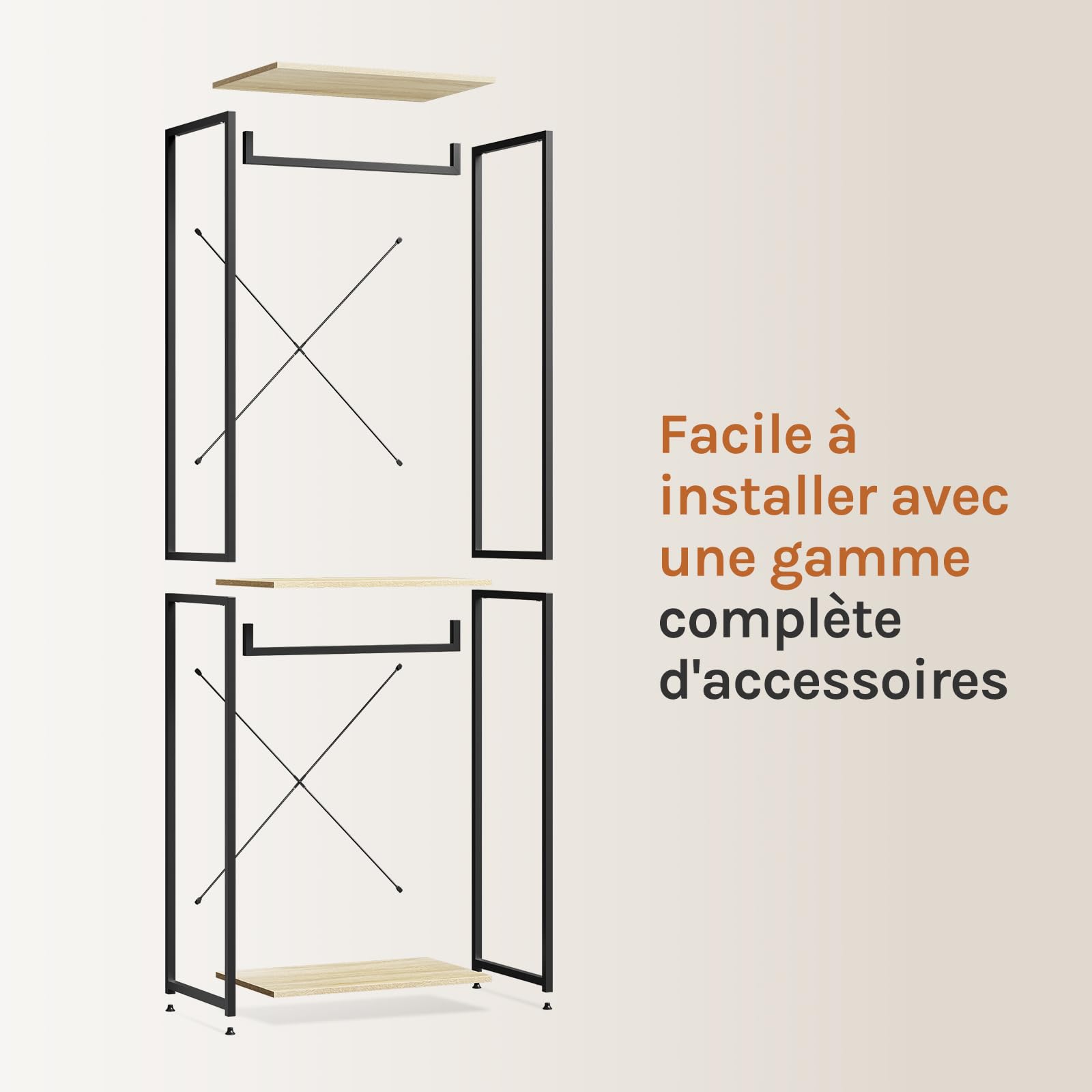 WOLTU Porte-Manteau pour Chambre Portant en Bois et Acier avec 2X Tringles pour Suspension Range-vêtements très Rubuste Noir + Chêne Clair