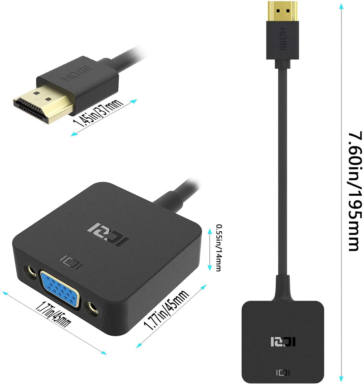 ICZI Adaptateur HDMI vers VGA 1080P Noir Convertisseur HDMI Mâle VGA Femelle