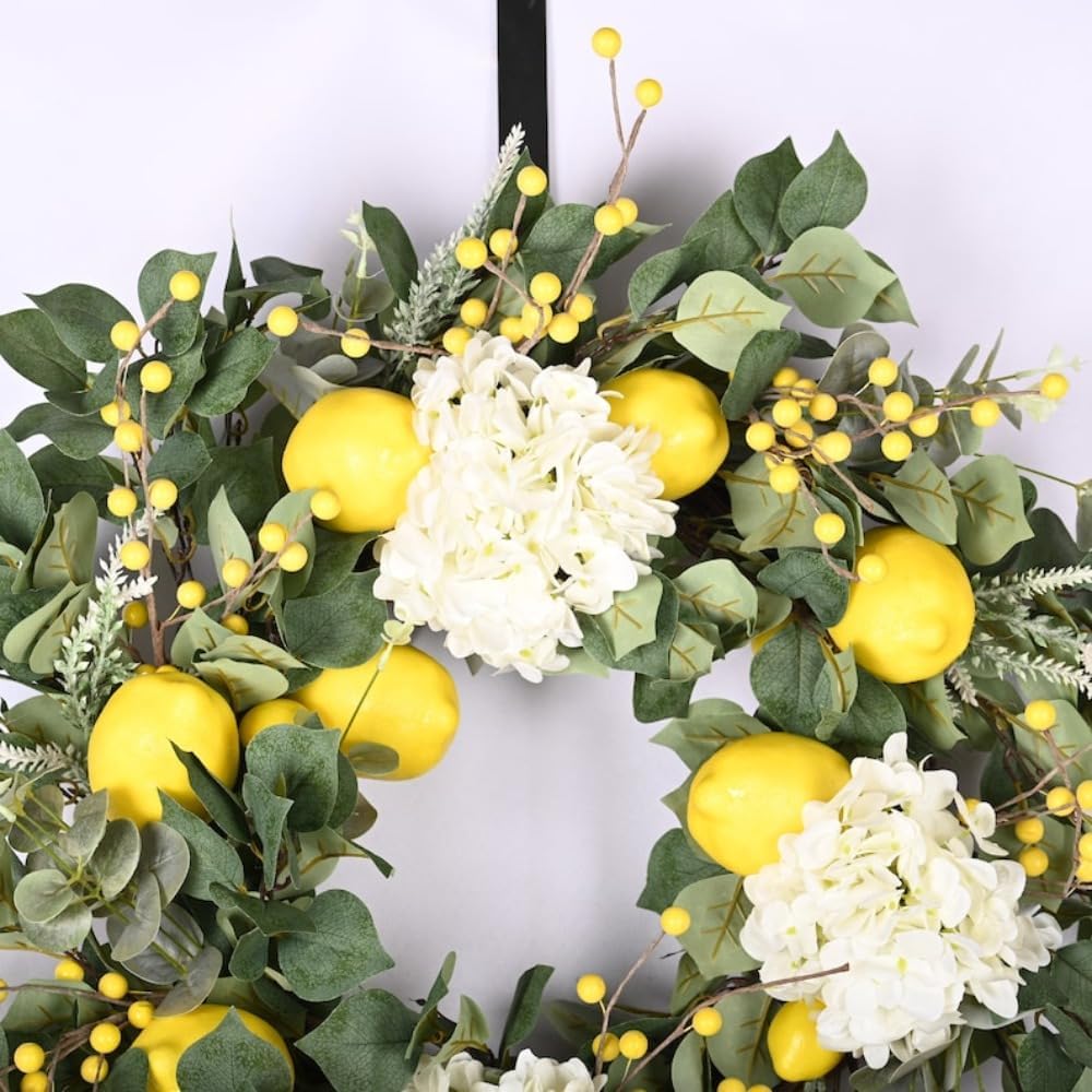 Hydrangea Lemon Eucalyptus Wreaths for Front Door, 26" Spring Wreath, Spring Summer Door Decor, Wreath for Wall Garden Indoor Outdoor