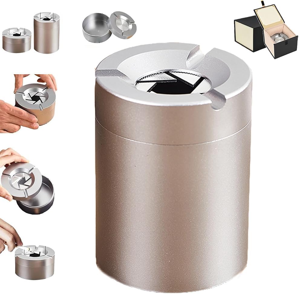 360° Stainless Steel Twist-Lock Ashtray, Ash Tray for Car, Drop-Resistant and High-Temperature Resistant, Rotating Lid Extinguishing Ashtray, Ash Trays Suitable with Home Car Use (Desktop)