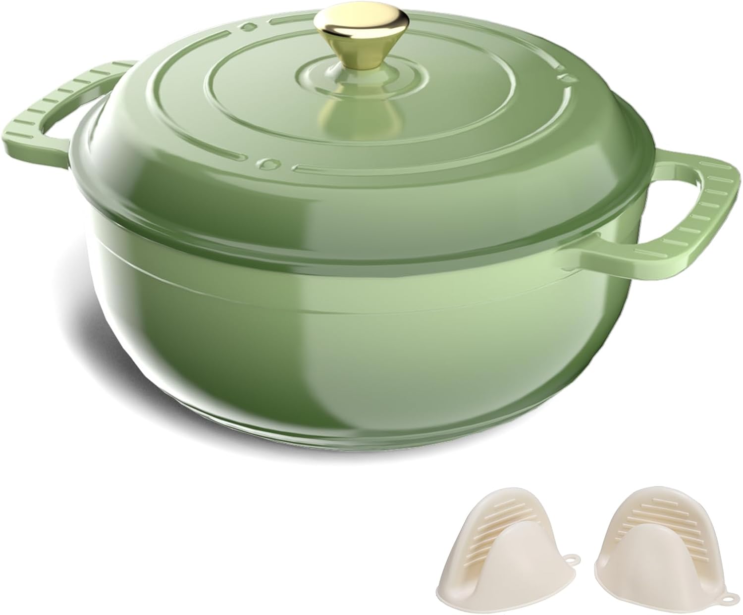 ROVSUN Enameled Cast Iron Round Dutch Oven, 6QT Pot with Lid &Dual Handles with Silicone Gloves,Oven Safe up to 500°F, Heavy-Duty Pre-Seasoned Cookware for Bread Baking, Braising, Stews, Roasting, Sage Green