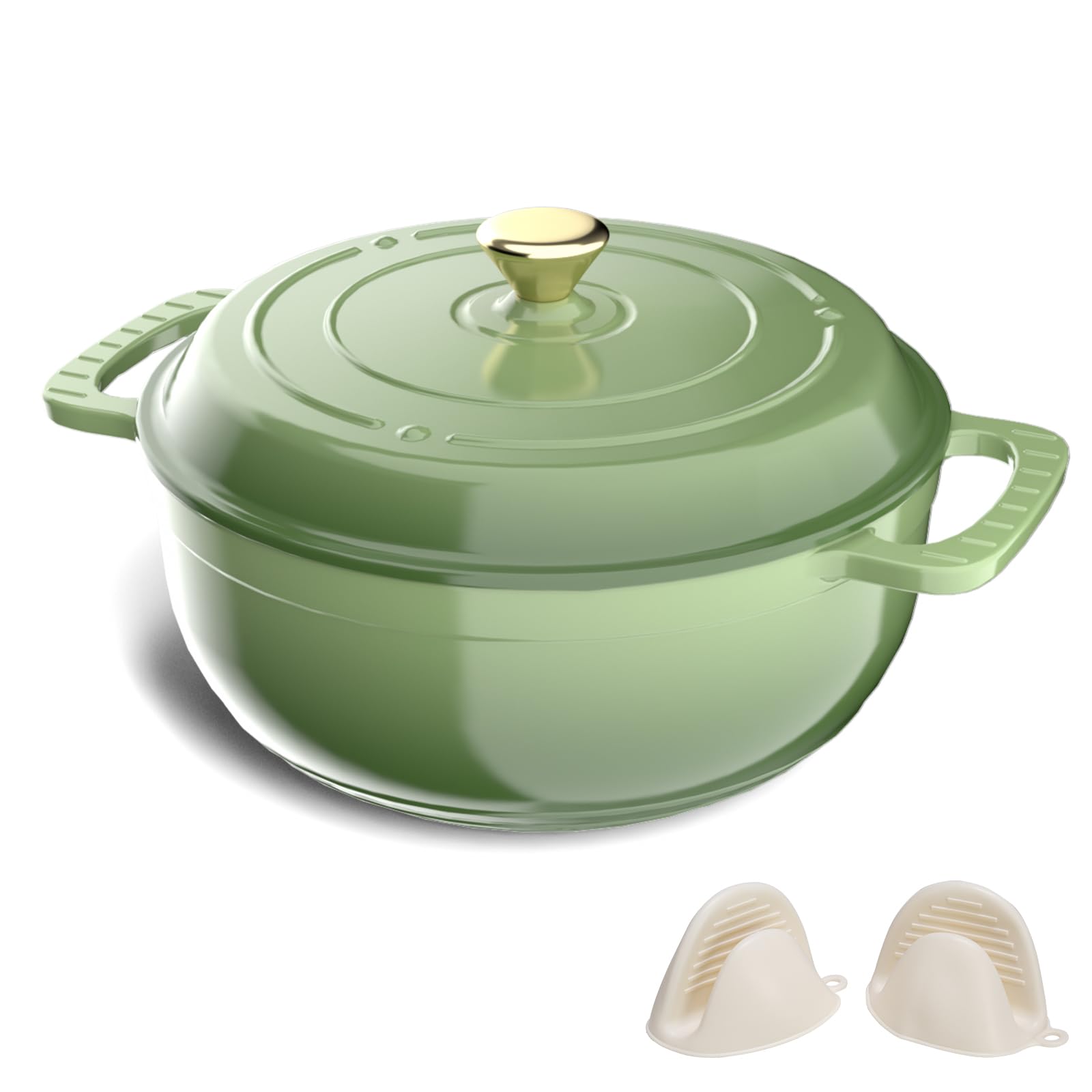 ROVSON Enamelled Cast Iron Dutch Oven, Casserole Dish with Lid and Silicone Gloves, Oven Safe Pot for Bread Baking, Braising and Stews (Avocado Green, 6QT)