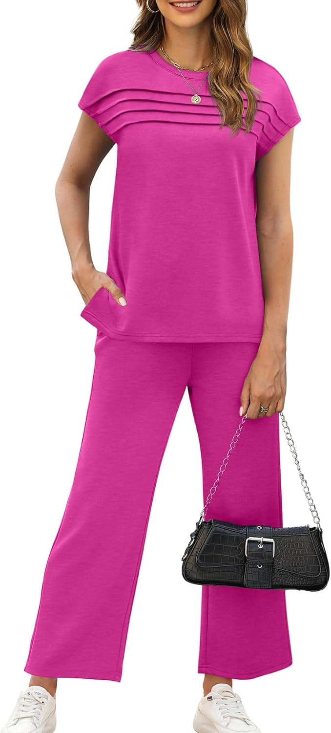 WIHOLL Two Piece Sets for Women Summer Travel Vacation Outfits Cap Sleeve Lounge Matching Sets Wide Leg Pants S-3XL - Image 2