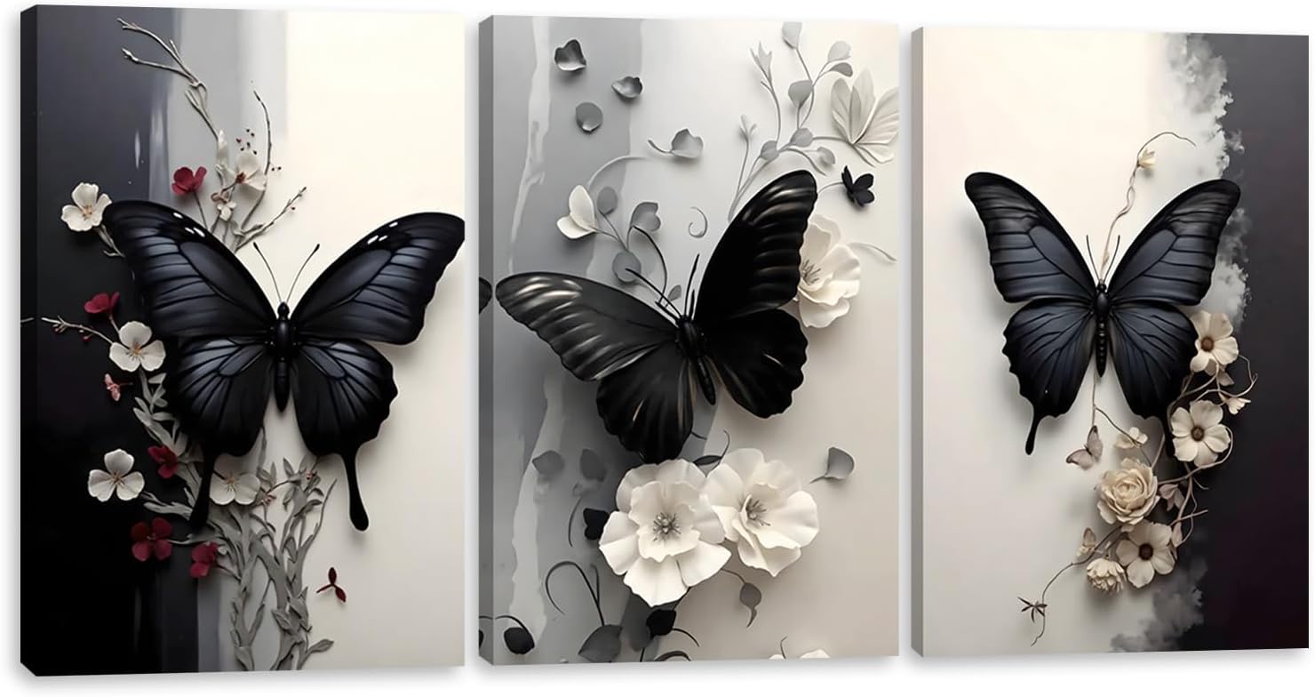 Pormipone 3 Pcs Black Butterfly Canvas Wall Art, White Flower Wall Decor, Butterfly Picture for Wall Living Room Bathroom Bedroom Home Decoration 16 * 24 in (Stretched Canvas on A Wooden Frame)
