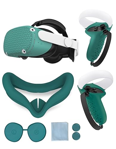 Gwyoneaon Protective Cover for OculusMeta Quest 2 Accessories, Silicone Controllers Grip Protector, Soft Shell Skin with Face and Lens Cover (Green)