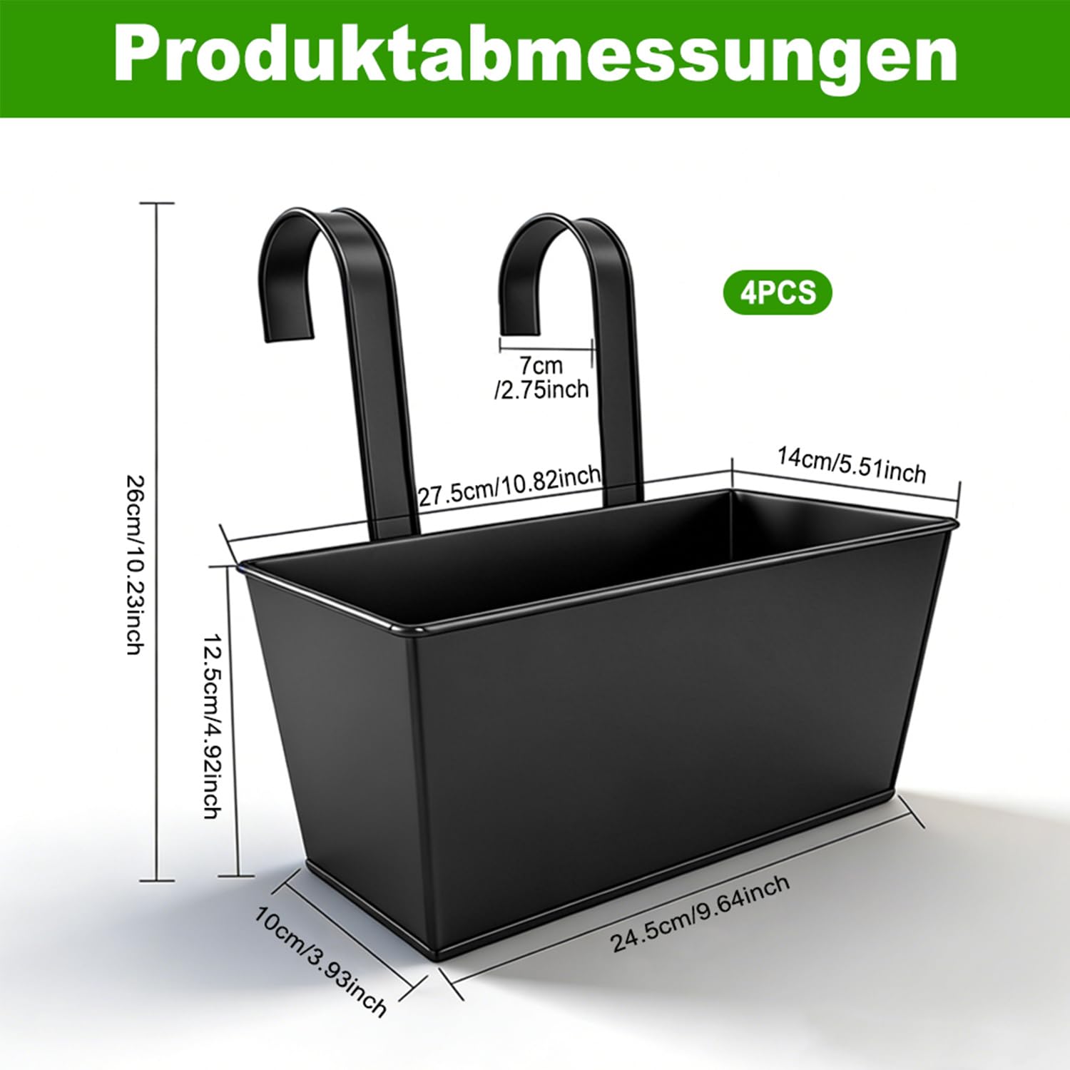4 Stück Blumentopf Hängend, 27×24.5cm Balkon Hängende Blumentöpfe mit Abnehmbarem Haken für Balkon & Garten, Wetterfeste Übertöpfe aus Metall Für Innen & Außen, Geländer & Zaun（Schwarz）
