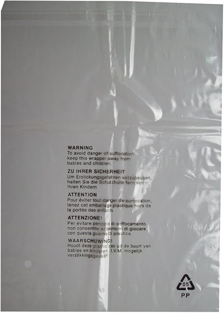 100 CLEAR TRANSPARENT PLASTIC SELF SEAL GARMENT CLOTHING RETAIL PACKAGING BAGS SAFETY WARNING - LARGE SIZE 12x15" 300x380mm 38mu - CLOTHES T SHIRT STORAGE PROTECTION DISPLAY PACKING