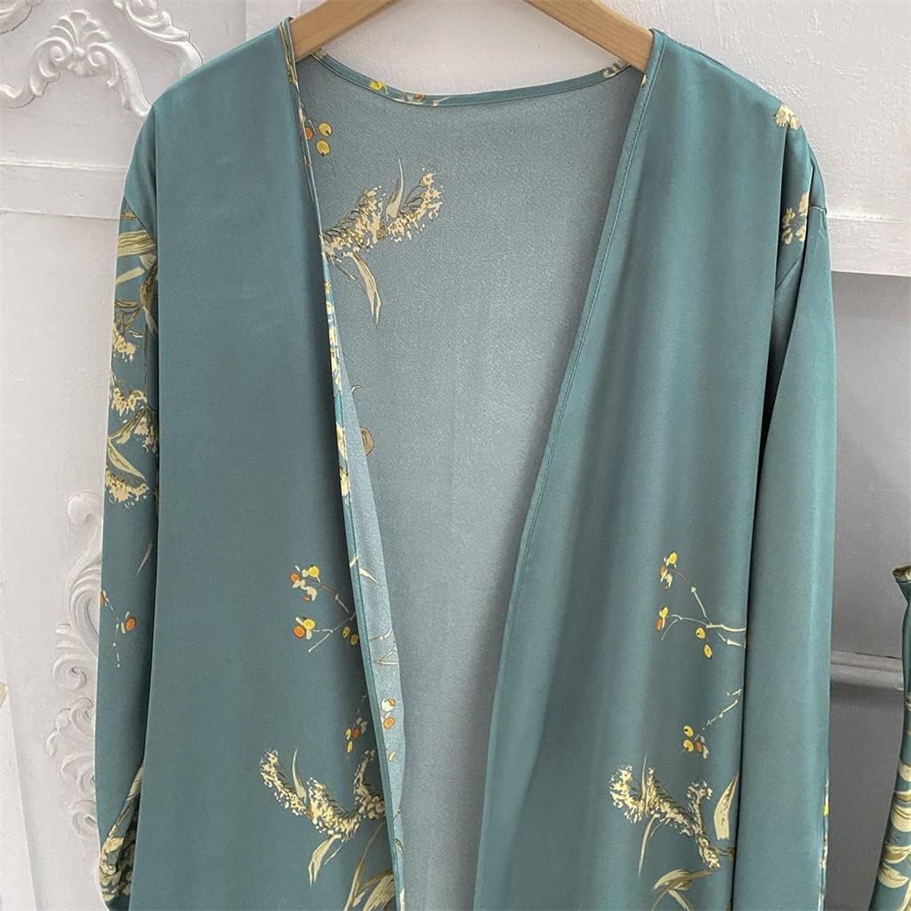 Print 2pcs Robe Sleep Suit Women Bridal Kimono Bathrobe Gown Lingerie Satin V-Neck Sleepwear Strap Nightgown(Medium)