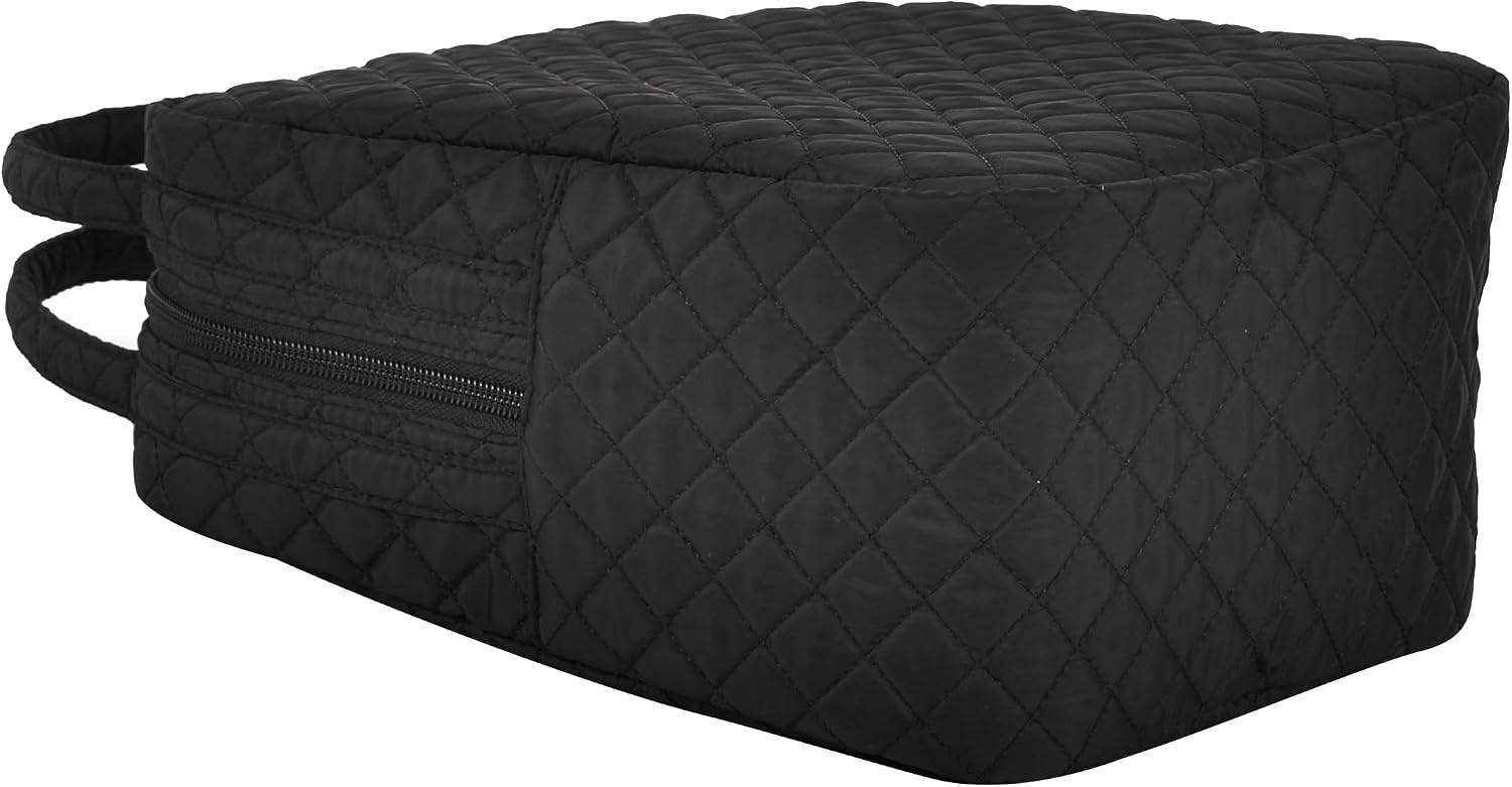 Large Quilted Fabric Cotton Reusable Inusulated Lunch Tote Bag Cooler Snack Bag Women Pretty Thermal Lunch box Storage Gift Bag for Work & Outdoor (Black)