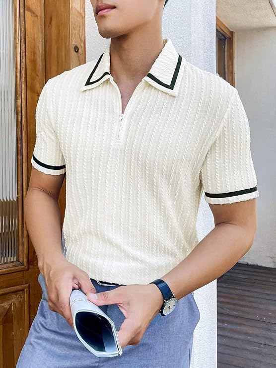 Image of GRECIILOOKS Polo T Shirt for Men | Textured Polo T Shirts for Men | Smart Casual Half Sleeve Mens T-Shirt, Breathable Cotton Knit Collar T Shirts