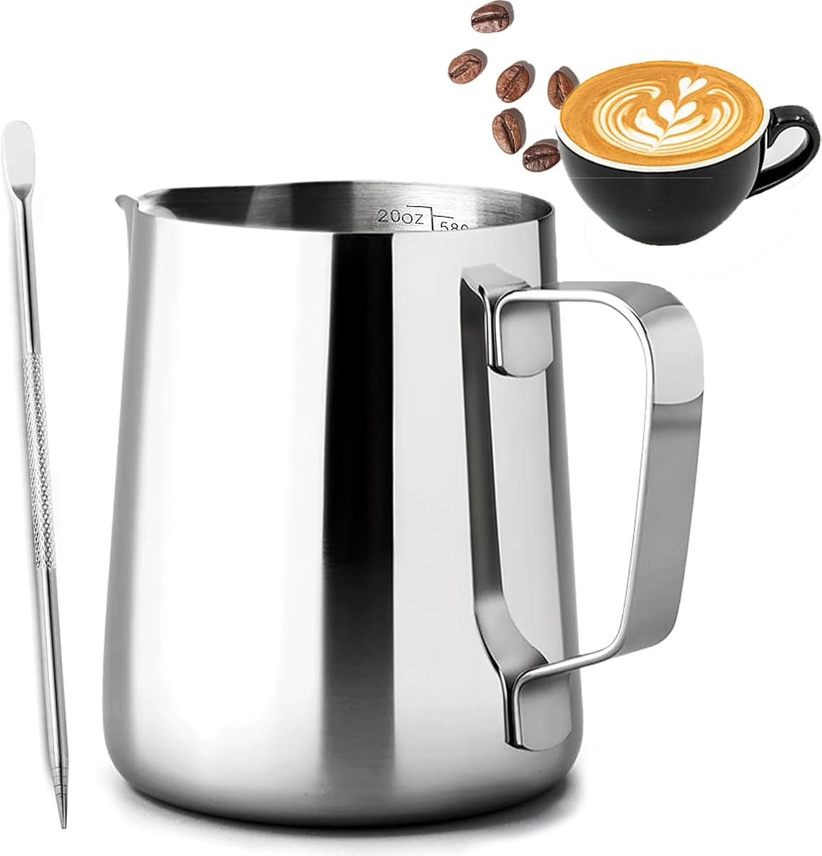 Milk Frothing Pitcher, 600ML/20oz Milk Jug for Coffee Machine, Stainless Steel Pitcher with Measurement Mark and Decorating Pen for Making Latte Art and Cappuccino, Silvery