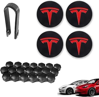ONKENTET Wheel Cap Kit Compatible with Tesla Model 3 Model Y 4 Wheel Hub Center Caps + 20 Lug Nut Covers Hubcap Accessories Hubcaps Original Rims Decoration & Modification (Red - Black)