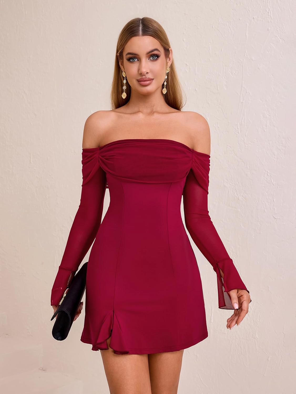 HTZMO Women Long Sleeve Sexy Off Shoulder Bodycon Mini Dress Ruched Side Slit Homecoming Going Out Party Short Dresses - Image 4