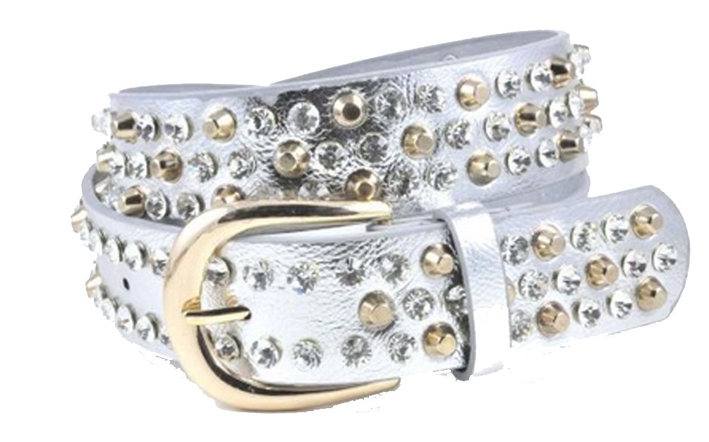 NYFASHION101 Unisex Trendy Spike Stud & Rhinestone Belt with Metal Buckle, (M, Silver)