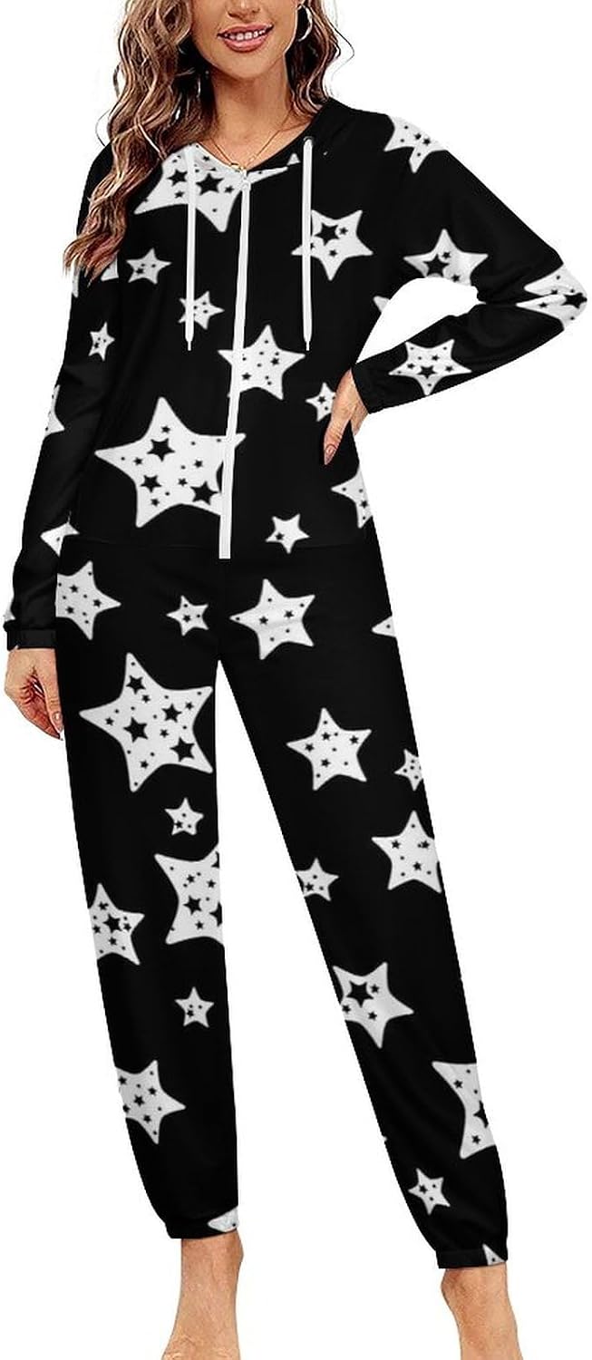 Black And White Star Pattern Adult Pajamas Onesie with Hood Pocket Jumpsuits One Piece Sleepwear