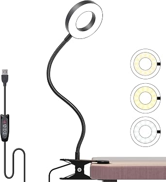 Foneso LED Desk Lamp, Clip On Reading Light 3 Color Modes 10 Brightness Eye Caring Clip on Clamp Light, Flexible Gooseneck Book Light for Reading/Studying/Working/Conferencing, Clip on Table [Energy Class G]