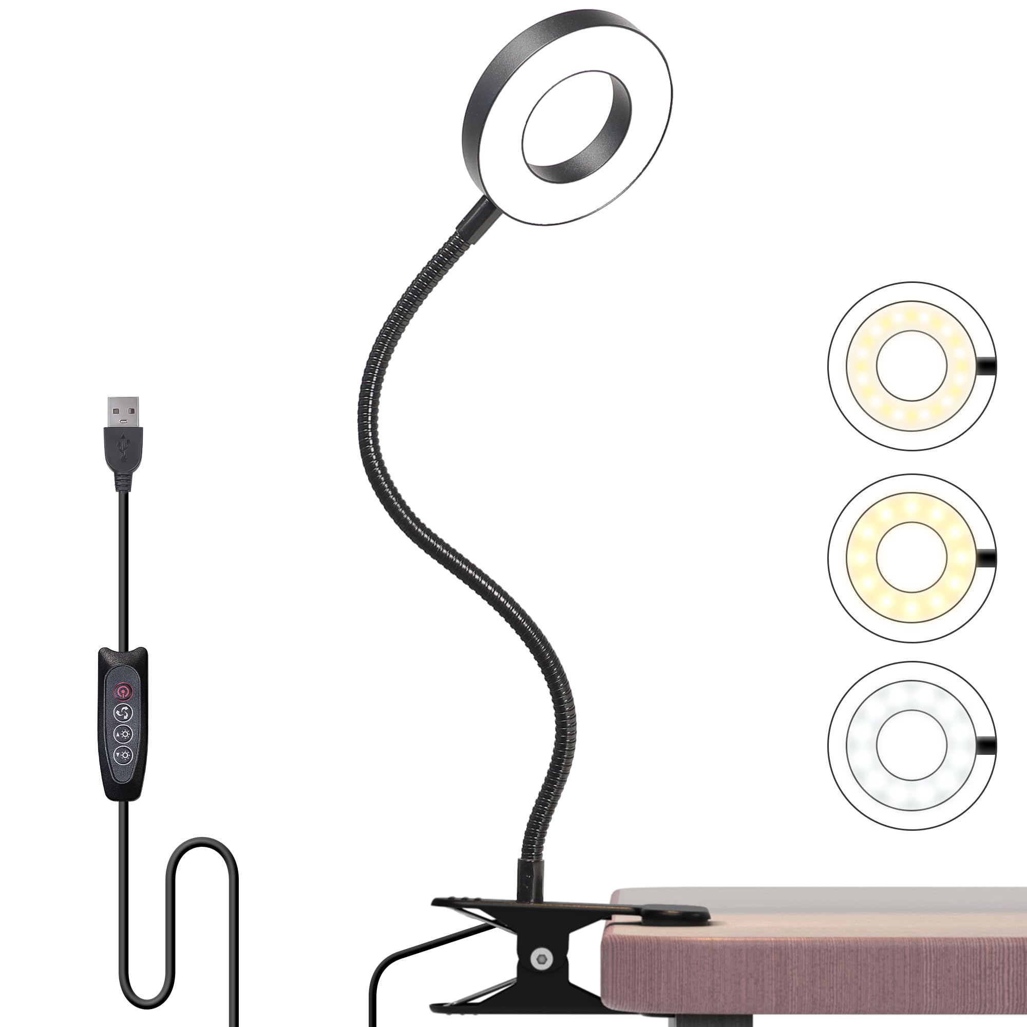 Foneso Lamparas de Pinza Led, 360 ° Lámparas de Pinzas LED, 3 Tonos y 10 Niveles de Brillo, Adecuado Para Viajes de Lectura Nocturna, Dormitorios, Libros de Oficina