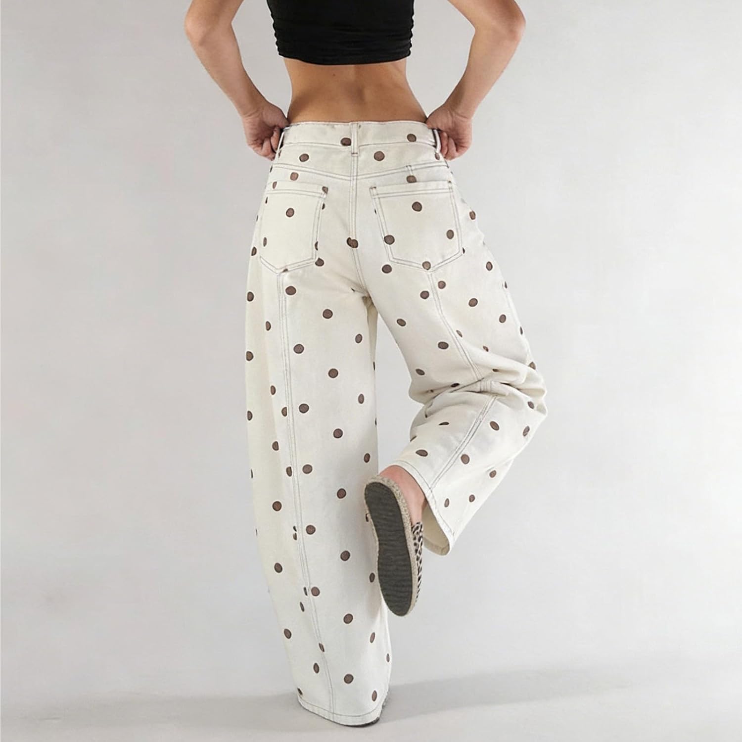 Giraropa Women Polka Dot Barrel Jeans Trendy Mid Rise Baggy Wide Leg Denim Pants Casual Trousers Streetwear