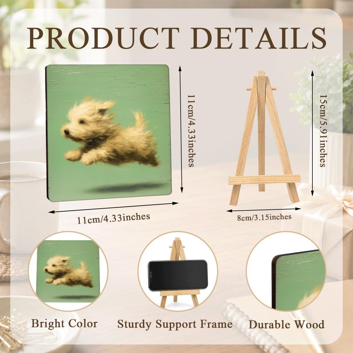 Flying Puppy Wooden Tabletop Sign, Home Desk Decor, Fluffy Dog Painting Small Art Plaque with Tabletop Easel, Bedroom Office Desk Shelf Decor, Gift for Pet Lovers image 2