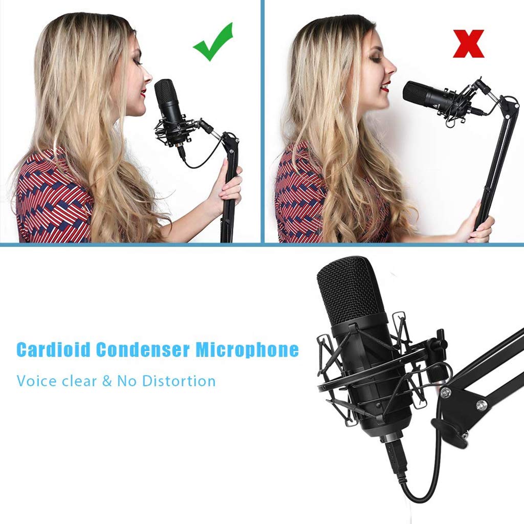 Mikrofon studyjny USB kardioidalny mikrofon pojemnościowy profesjonalny mikrofon podcastowy z regulowanym stojakiem zawieszenie nożycowe ramię wysięgnika filtr pop uchwyt amortyzujący do dyktowania