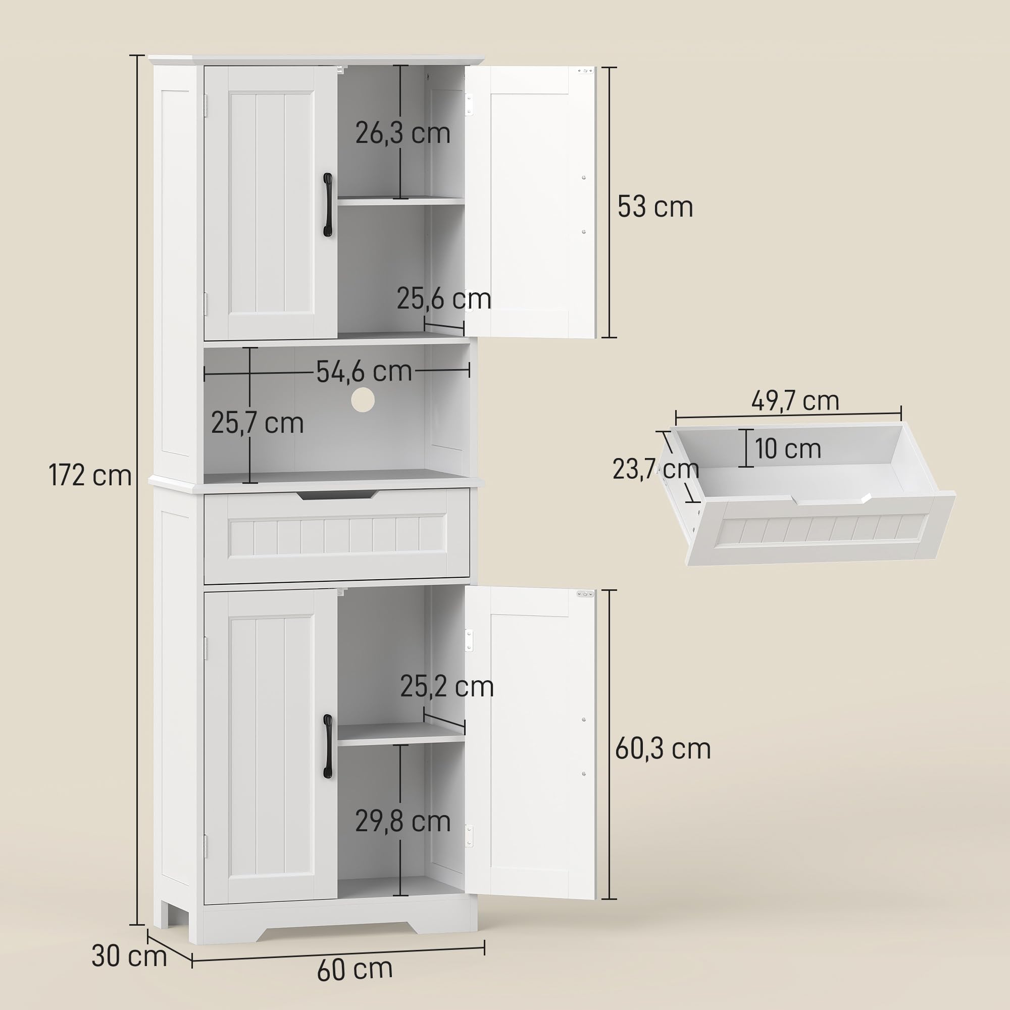 HOMCOM Buffet Haut Cuisine Armoire de Cuisine, 60 x 30 x 172 cm, Blanc | Vaisselier, 4 Portes, Tiroir, Compartiment Ouvert, Étagères Réglables, Meuble Rangement Salon, Salle à Manger