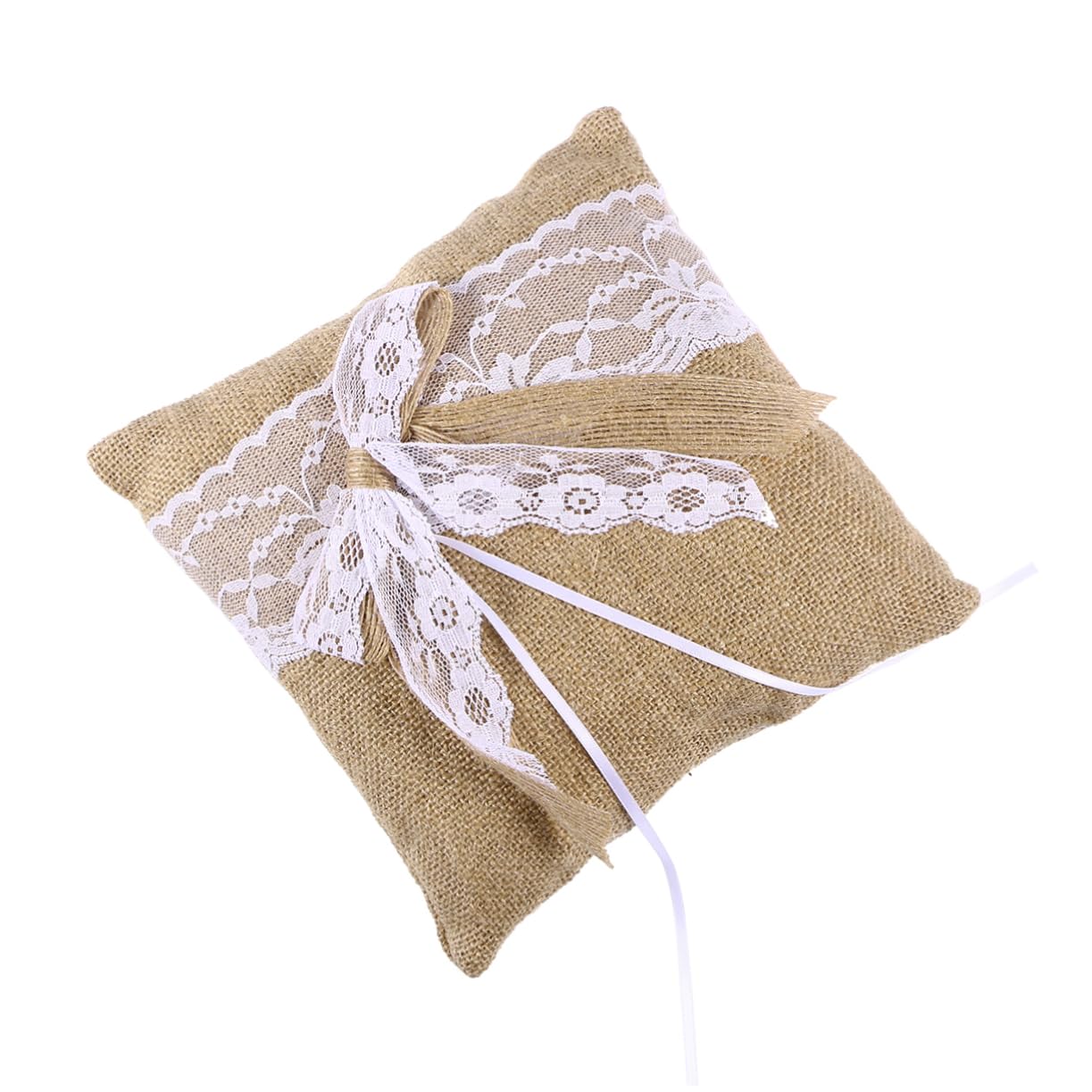 KOMBIUDA Rustic Burlap Pillow 20cm x 20cm Hessian with Lace Trim Bowknot for Wedding