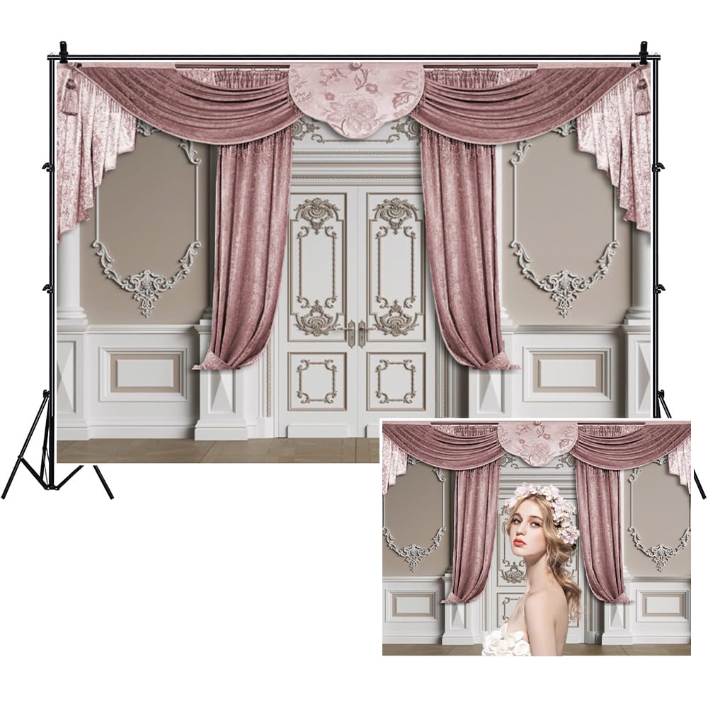 10x7ft Rosa Valance Poliestere Backdrop Jacquard Bianco Porta Castello Fotografia Sfondo Moderno Classico Sfondi per Bambini Compleanno Party Decor Wedding Photo Booth Props