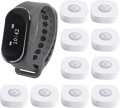 Wireless Calling System, 1 Wrist Watch Receiver 10 Call Buttons Caregiver Nurse Call System Restaurant Waiter Pager System for Restaurant Bar Hospital Clinic Cafe