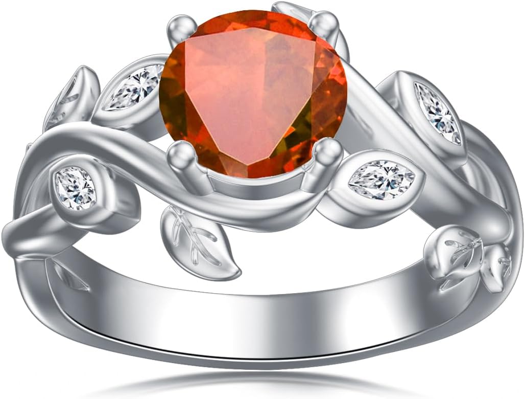 Garnet Leaf Ring Sterling Silver January Birthstone Ring 6MM Round Crystal Engagement Ring Birthstone Jewelry for Women Size 6