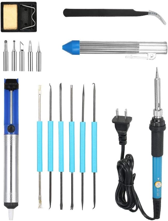 Soldering 16 pcs Electric Soldering Iron Kit 60W 110V Adjustable Temperature Welding tool Solder Tips +Desoldering Pump Assist Tools +Case - (Power: 60W, Color: Blue, Plug Type: EU)
