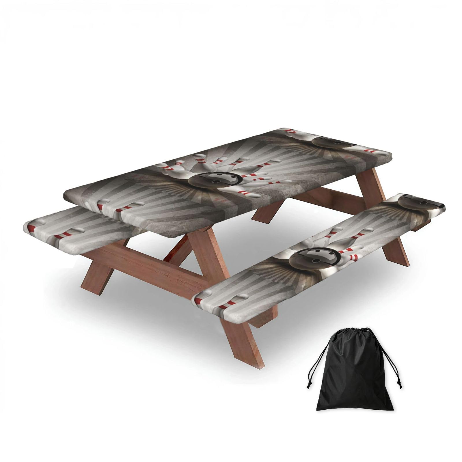 Dopklna As Picture Bowling Ball Sport Vintage, Picnic Table Cover With Bench Covers -Waterproof Elastic Fitted Tablecloth For Garden Camping Patio 76X152cm