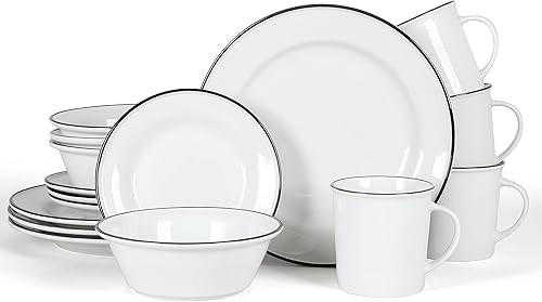 Martha Stewart Cliffield - Juego de vajilla de porcelana de 16 piezas, color blanco con borde negro