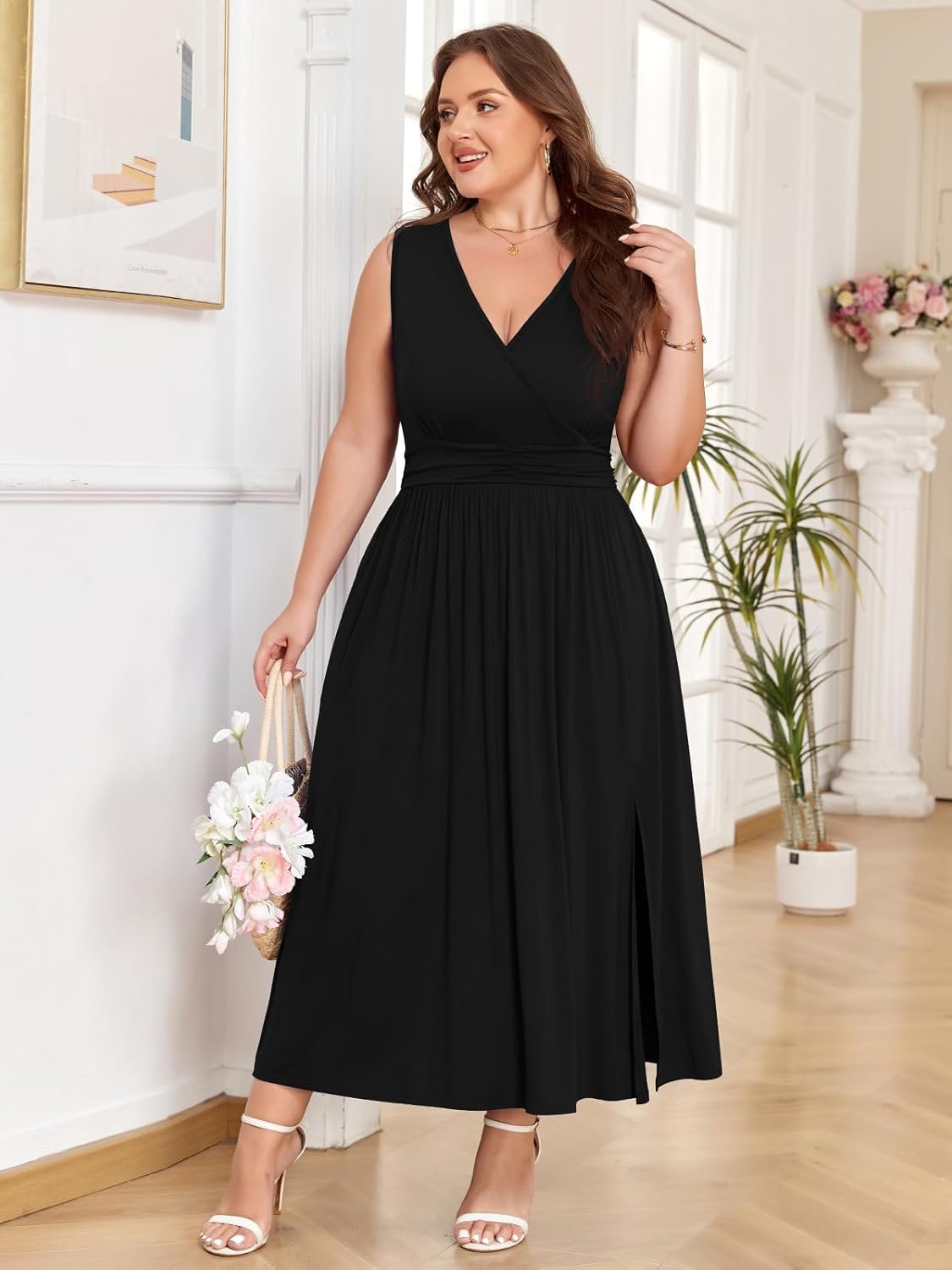 BELAROI Plus Size Dresses for Women Summer Casual Midi Sleeveless Dress V Neck Maxi Beach Cover Ups Side Slit Pockets