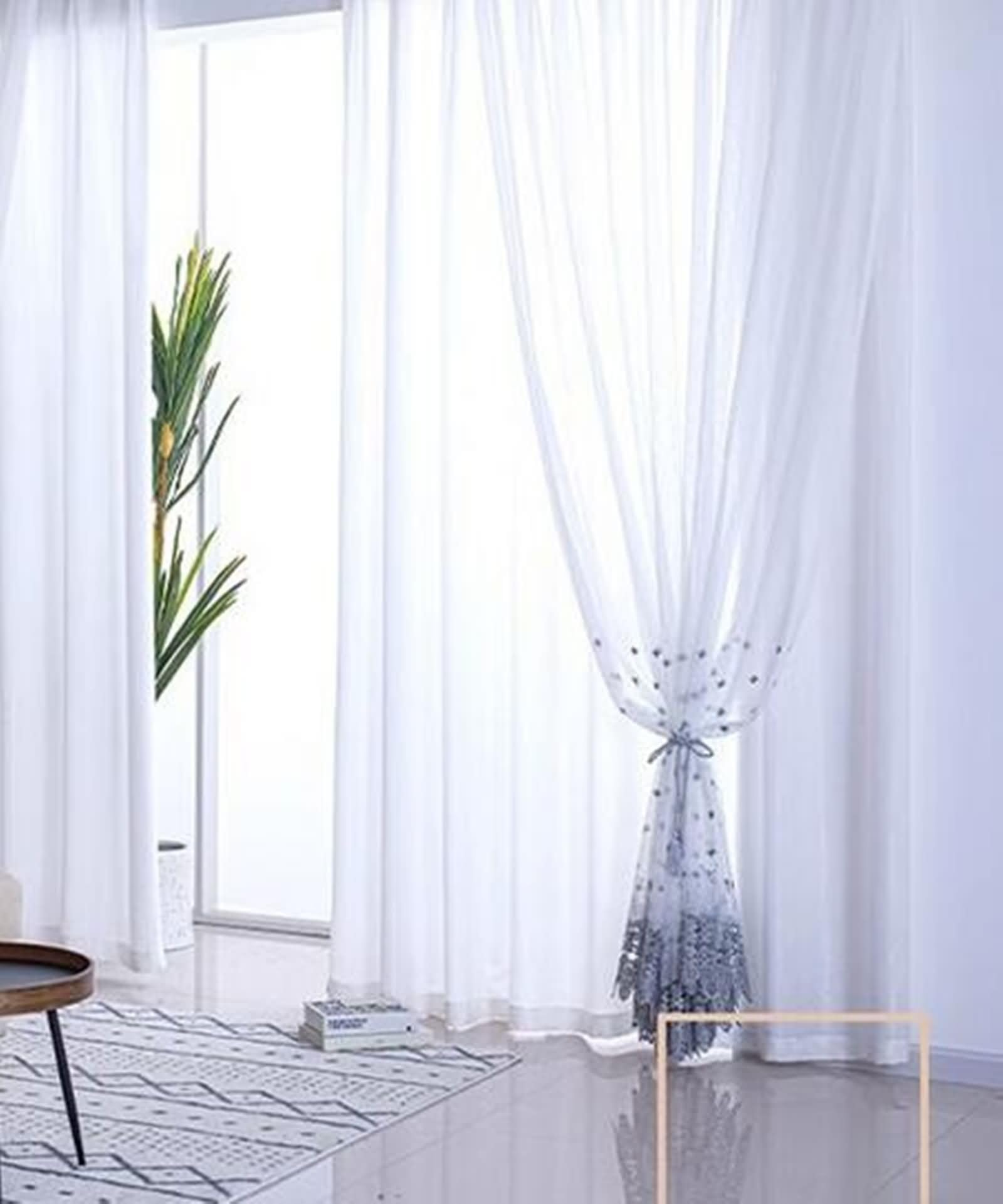 Rideau Voilage Gris Broderie, Dentelle à Crochets, 102x138cm, Lot de 2 Rideaux Chambre Moderne