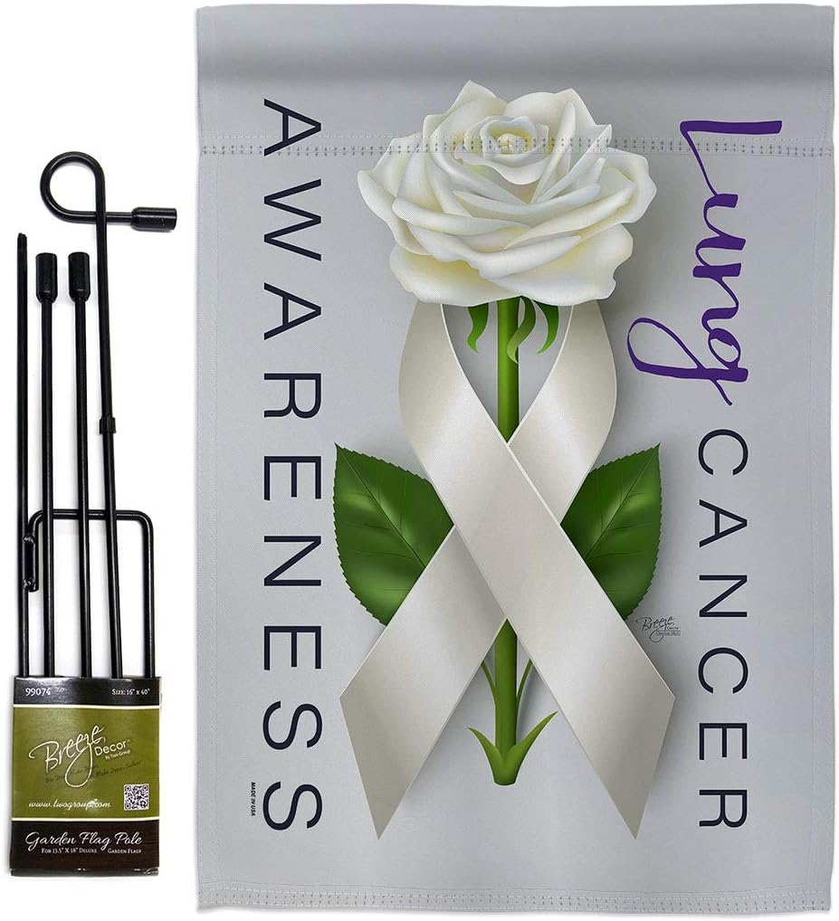 Lung Cancer Awareness Garden Flag Set Wall Holder Support Inspirational Survivor Ribbon Prevention Autism Breast BLM Small Decorative Gift Yard House Banner Made In USA 13 X 18.5