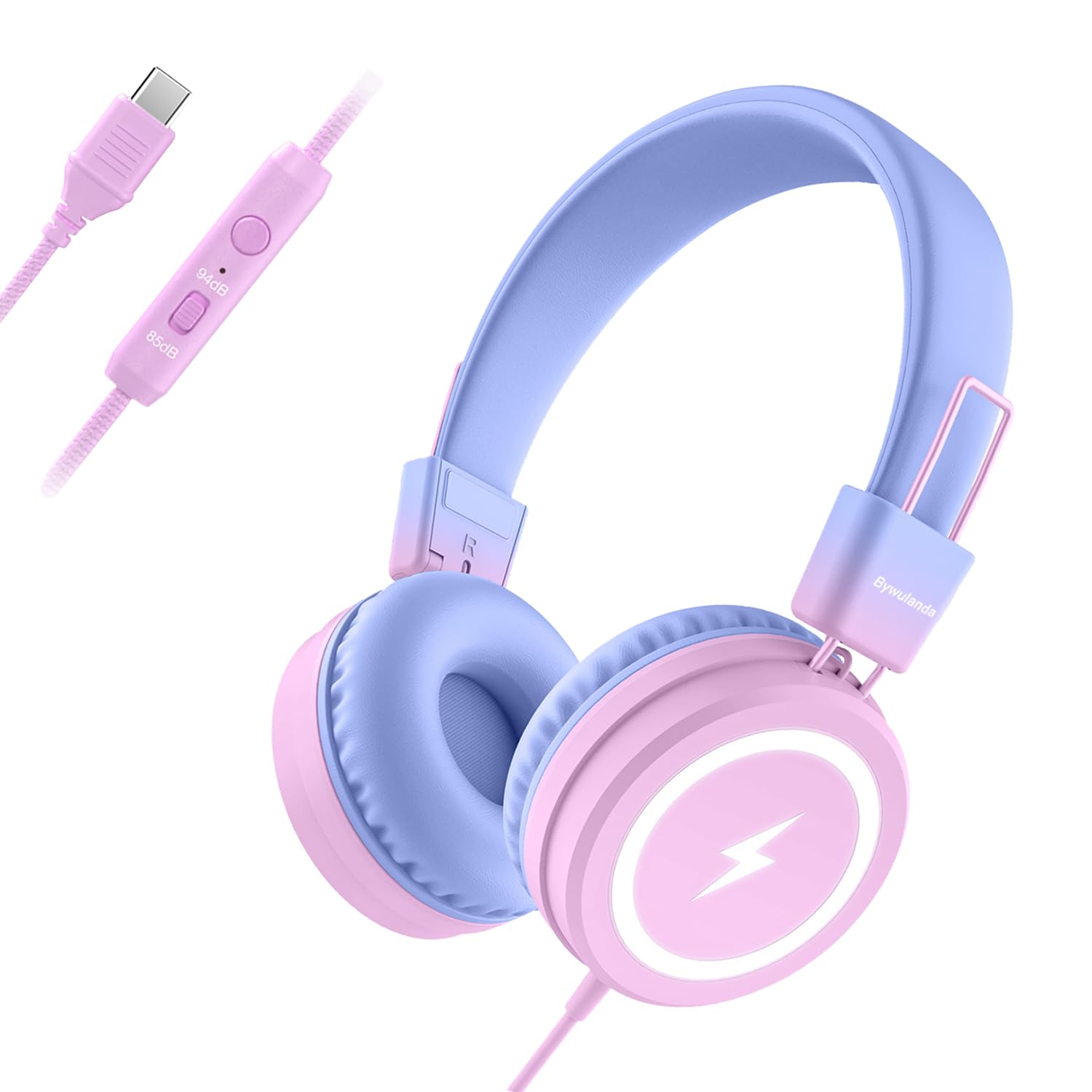 Bywulanda Casque pour enfants avec lumières LED pour l'école, USB de type C avec microphone, limiteur de volume 85/94 dB, casque filaire pour garçons/filles/tablette/voyage – Violet dégradé