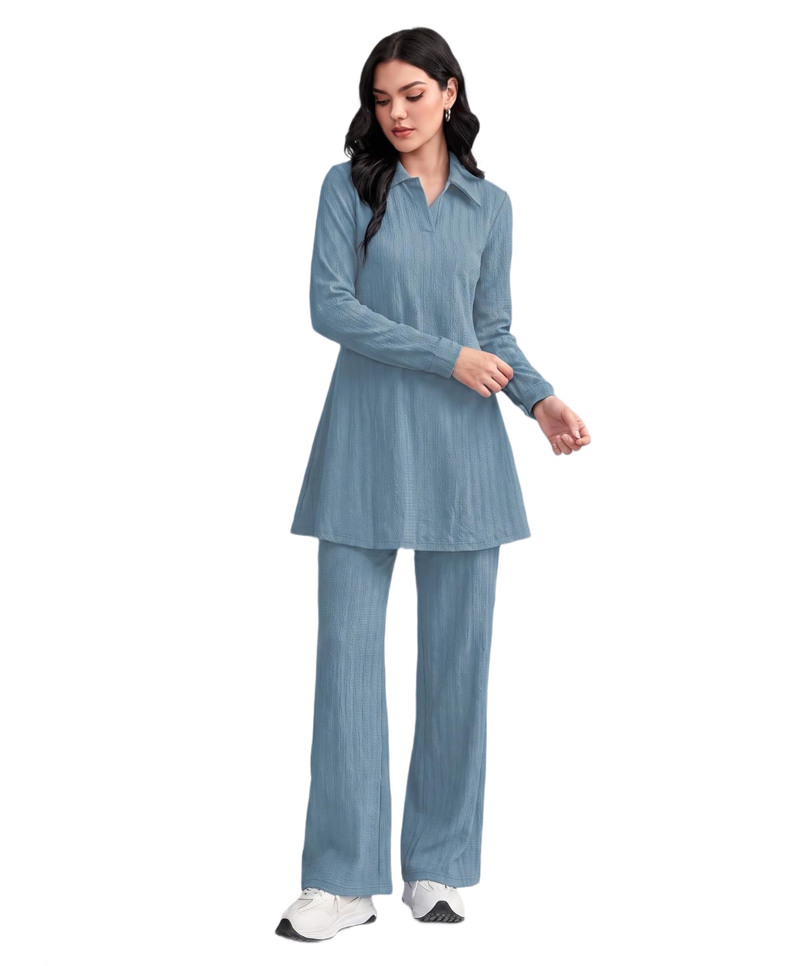 Women Solid Color Two-Piece Set | Long Sleeve Top & Wide Leg Pants | Women Cord Set-image-7