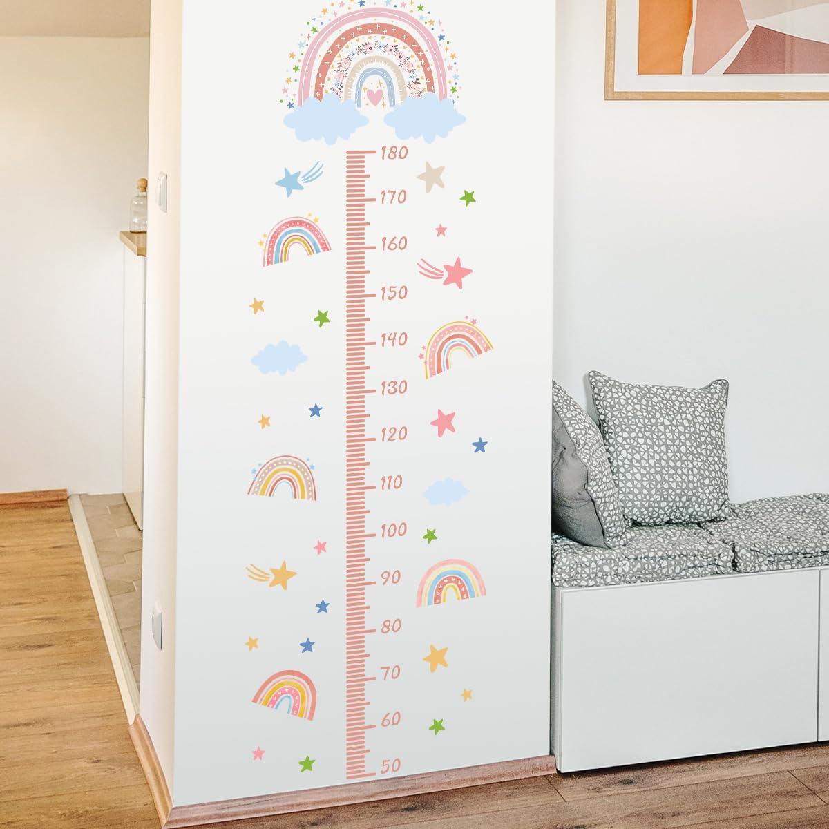 3D Cartoon Height Growth Chart for Kids - Removable DIY Pink Rainbow Wall Decal Peel and Stick Stars and White Clouds Wall Art Decor for Kids Nursery, Bedroom, Bathroom image 4