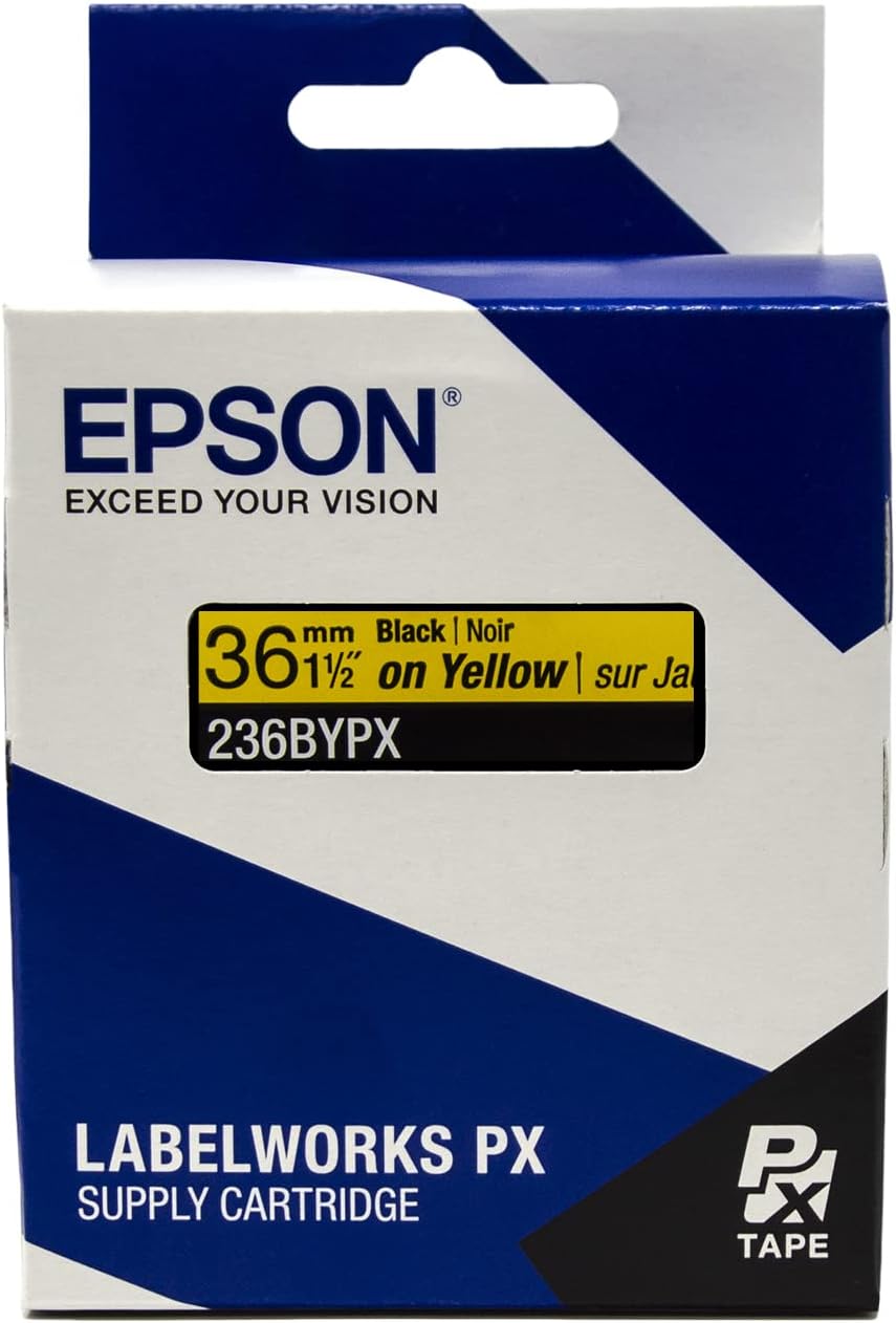 Epson LABELWORKS 236BYPX PET (Polyester) Tape Cartridge - Black on Yellow Label Maker Tape - 1.5" (36MM) Wide, 30'
