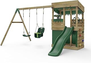 Rebo® Wooden Lookout Tower Playhouse with 6ft Slide with Swings - Zion | OutdoorToys | Pressure Treated Timber, Baby Swing, Secret Den, Climbing Wall, either Binoculars or Telescope & Steering Wheel