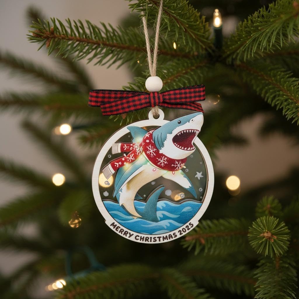 Shark Ornament - Funny Shark Ornaments for Christmas Tree - Sharks Lovers Gifts for Women, Men, Ocean Lover - Ocean Christmas Ornaments - 2 Layers Wood Acrylic Sea Animal Hanging Ornament 2025 - Image 4